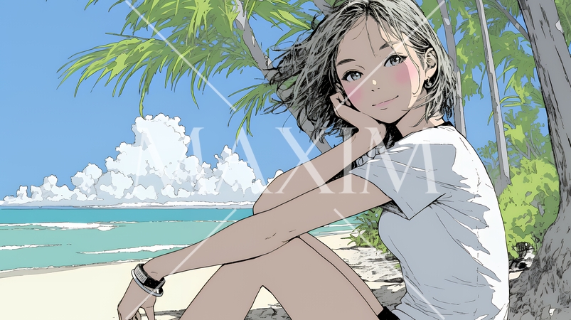 夏の南国の海辺を一人で旅行中の若い女性