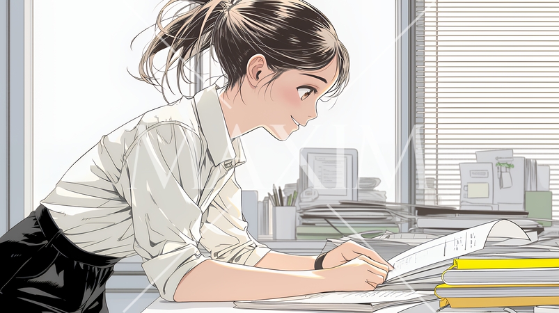 オフィスのデスクで、入念に書類をチェックする女性