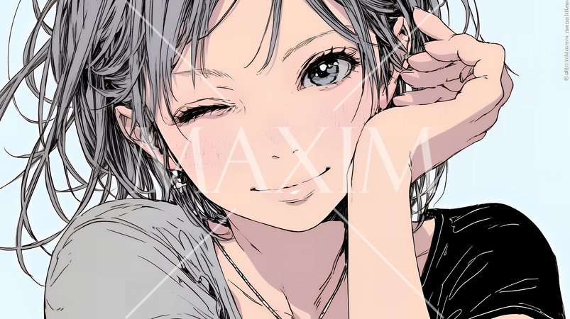 お茶目な（生意気な表情をした遊び心のある）若い女性