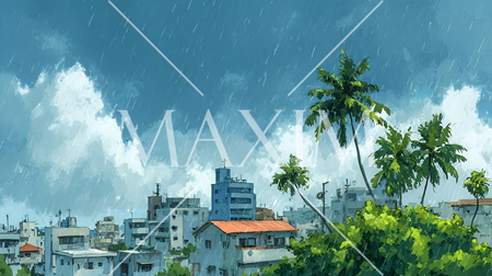 梅雨の沖縄風景｜南国の海と街並みを描いた水彩イラスト・雨季の観光イメージ | 140176-17753