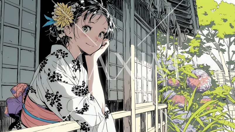 浴衣姿で夕涼みをしている若い女性