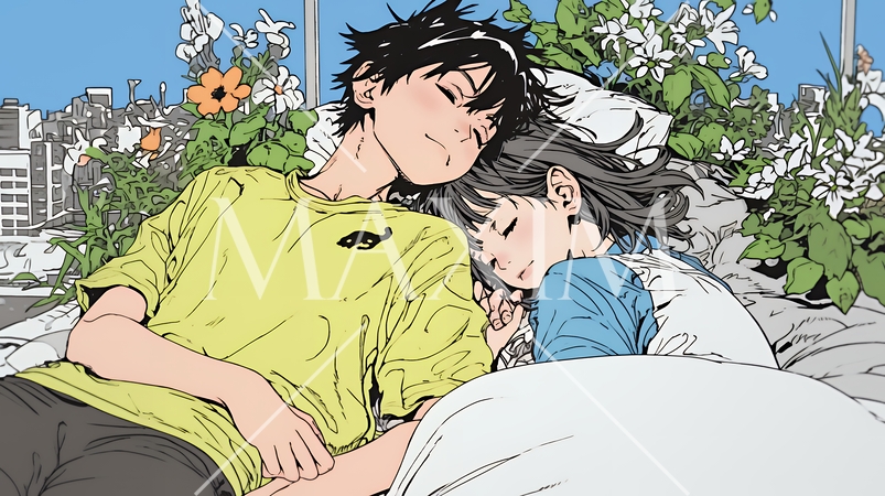 寄り添いながら穏やかに眠る若いカップル