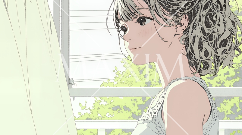 朝、カーテンを開けて天気を確認する若い女性