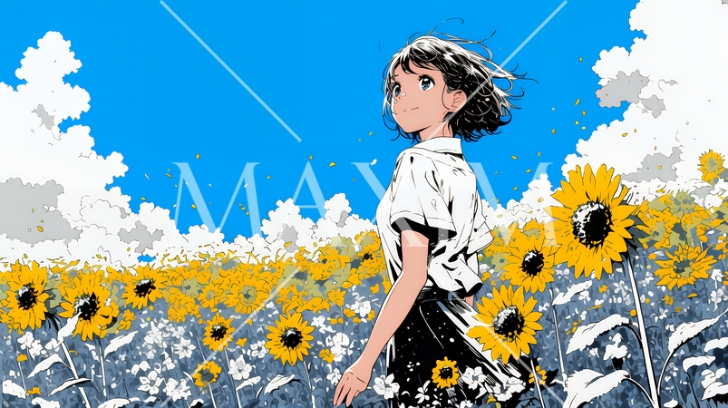 真夏の青空のもと、ヒマワリ畑を散策している若い女性