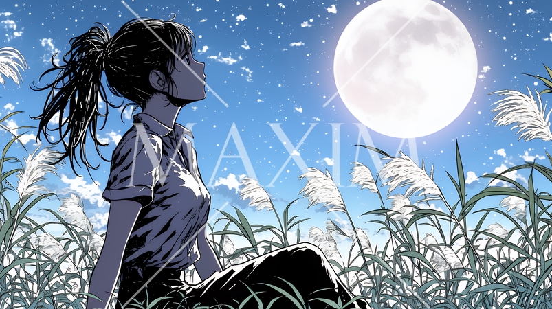 月見をしている若い女性