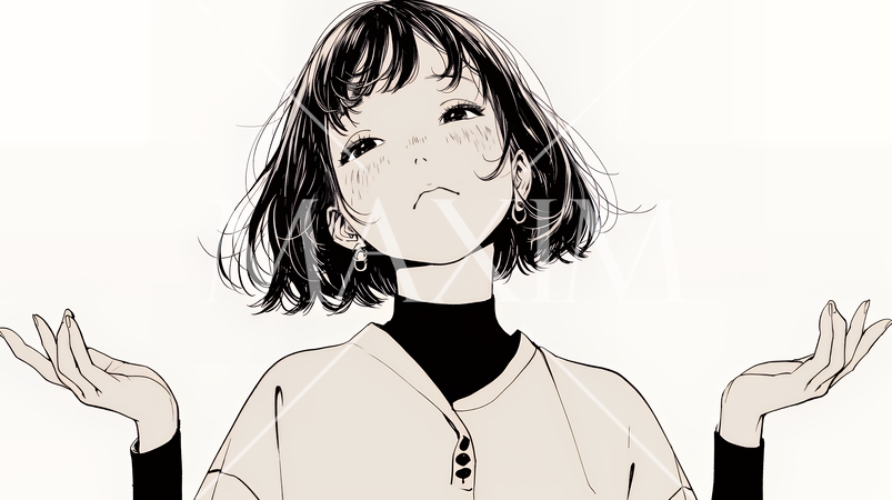 肩をすくめて困惑・諦めの仕草をしている若い女性（シンプルな色使い）