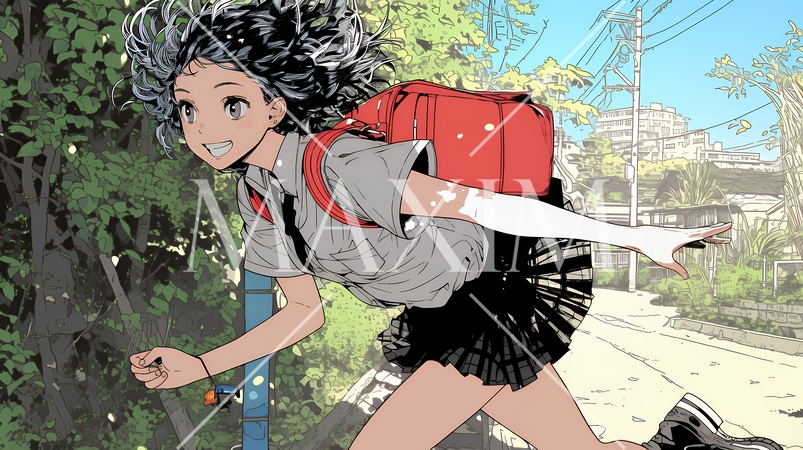 学校に遅れそうで道を急いでいる女子高生