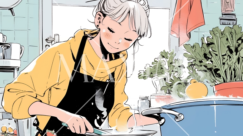 なれない料理に奮闘中の若い女性