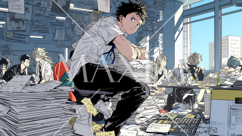 期日には間に合いそうもない書類の山と格闘中のビジネスパーソン達