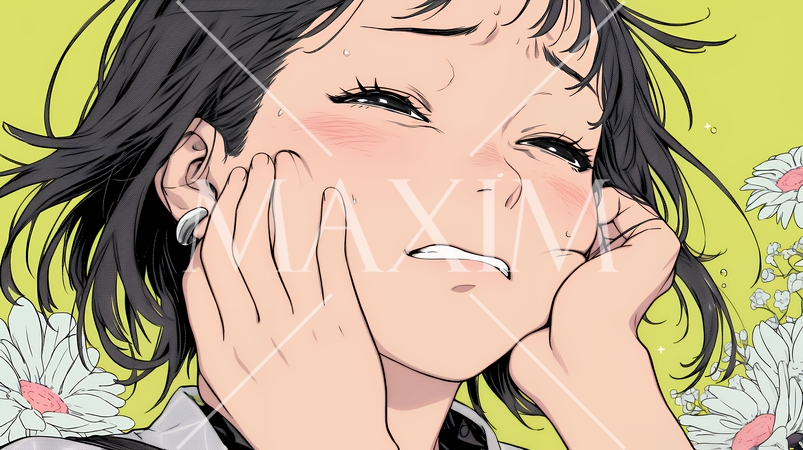 歯痛で頬を押さえている女性