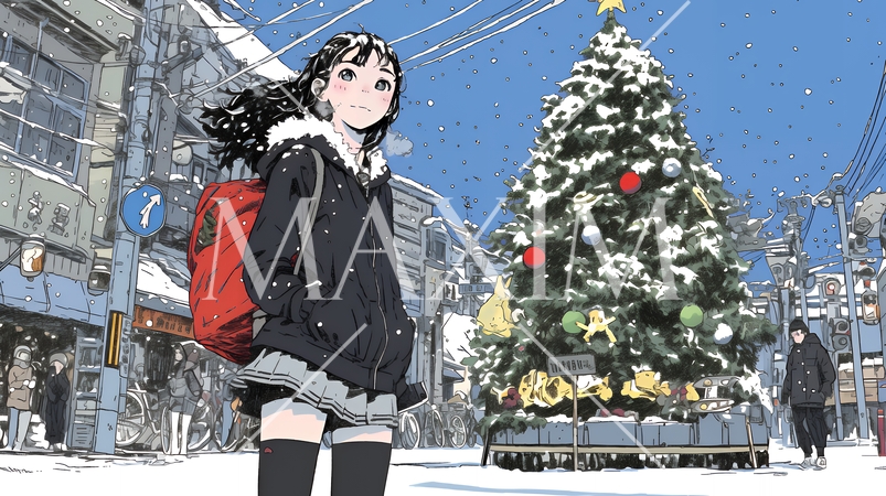 ホワイトクリスマスの街を歩く若い女性