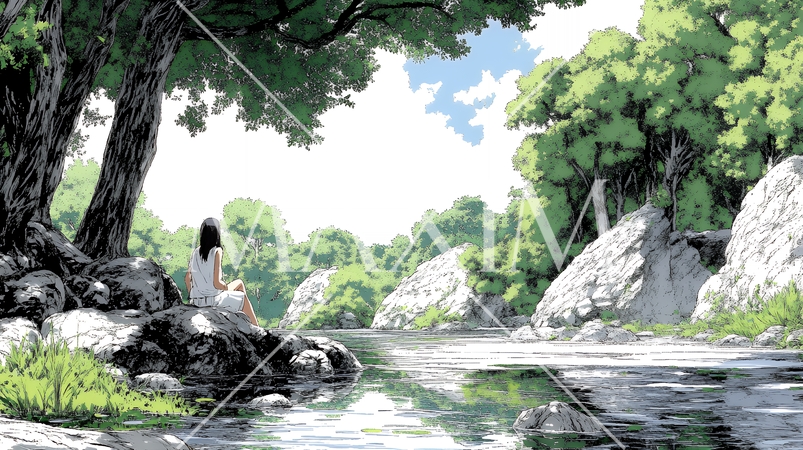 山奥の静かな渓流：若い女性が一人たたずんでいる