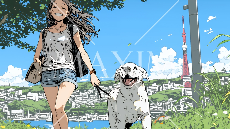 愛犬と散歩している若い女性