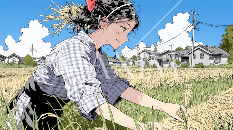 田んぼで農作業をしている女性