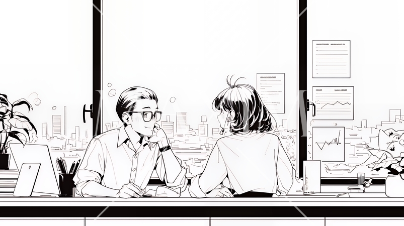 仕事の打ち合わせをいているビジネスパーソン（シンプルな色使い）