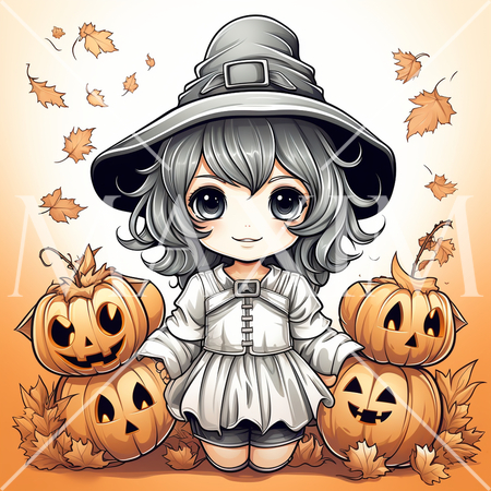 かわいい二頭身の魔女の挿絵：ハロウィン用
