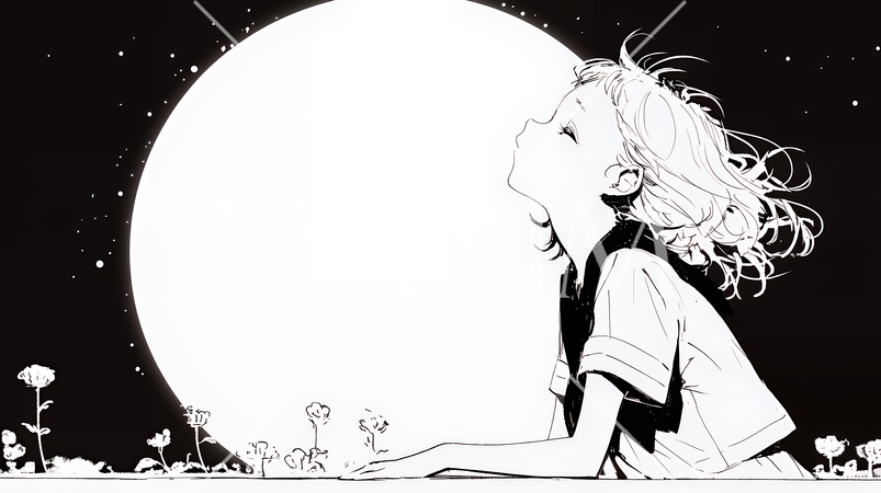 月見をしている若い女性（シンプルな色使い）