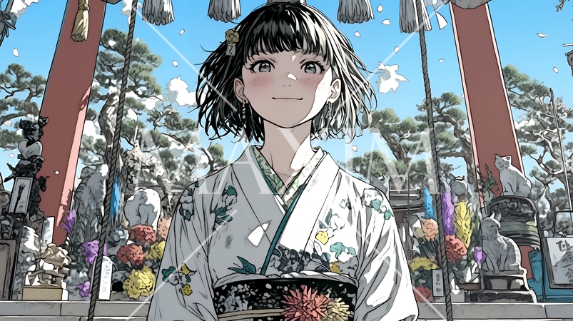 和服を着て初詣をしている若い女性