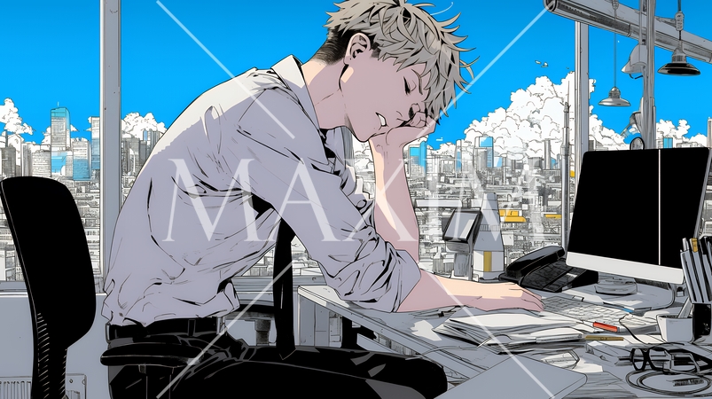 疲れ切った様子でオフィスデスクでため息をついているビジネスマン