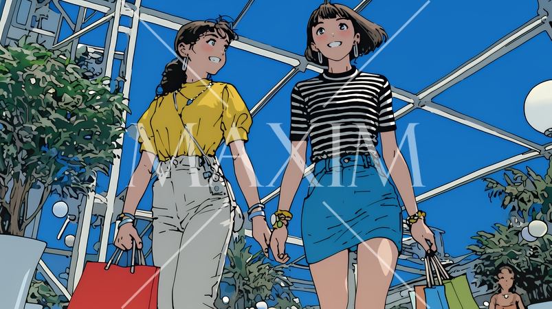 女友達と一緒にショッピングモールを歩き回る若い女性