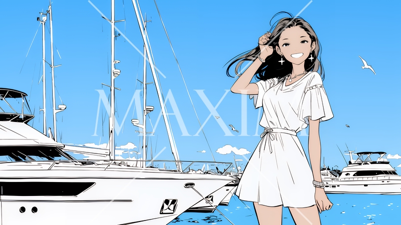 沖縄のヨットハーバーに立つ若い女性（シンプルな色使い）