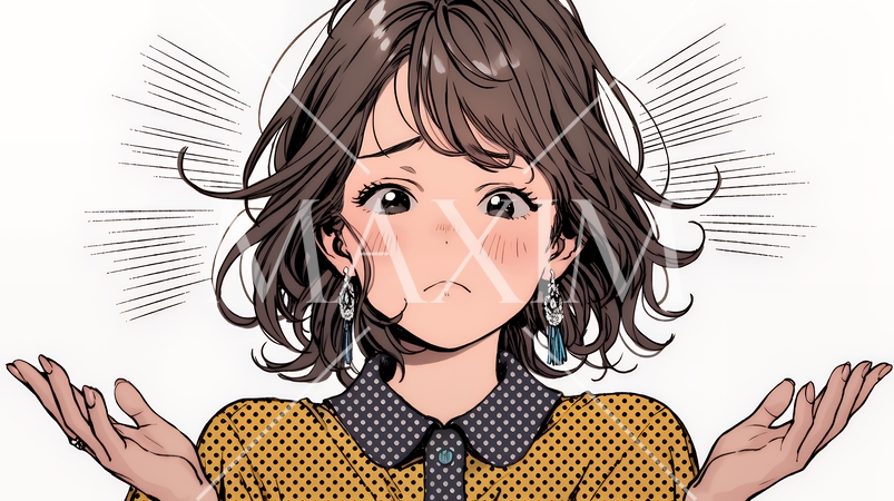 肩をすくめて困惑・諦めの仕草をしている若い女性