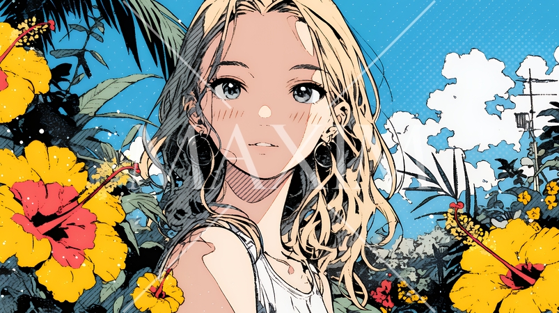 ハイビスカスと若い女性