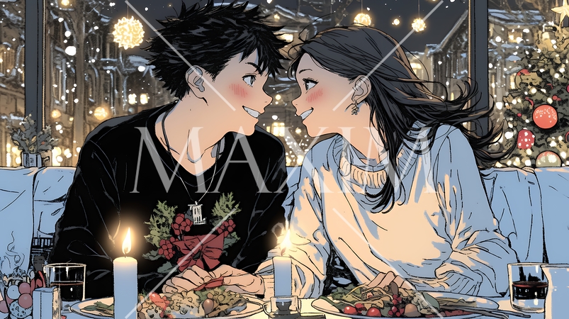 クリスマスディナーを楽しんでいる若いカップル