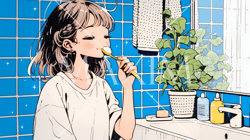 洗面所で朝の歯磨きをする若い女性