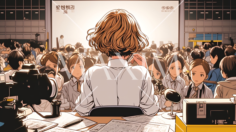 取材陣から共同インタビューを受けている若い女性（タレント）