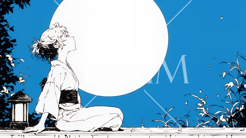 月見をしている和服姿の若い女性（シンプルな色使い）