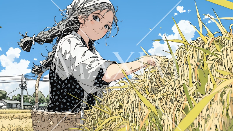 田んぼで農作業をしている女性