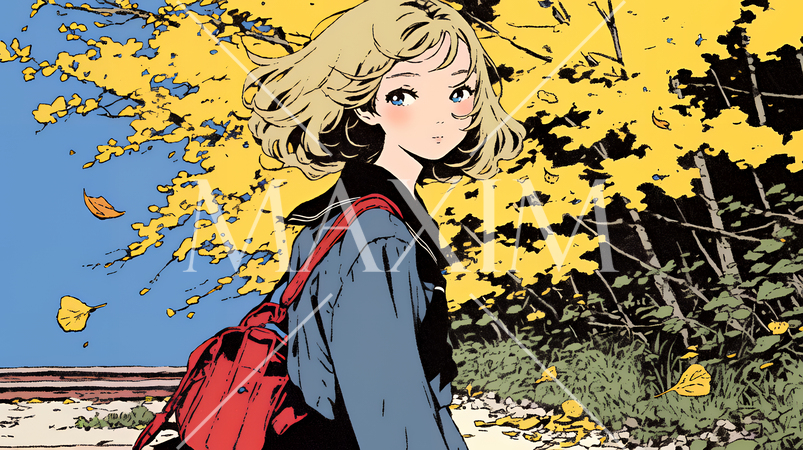 紅葉の小径を歩く若い女性