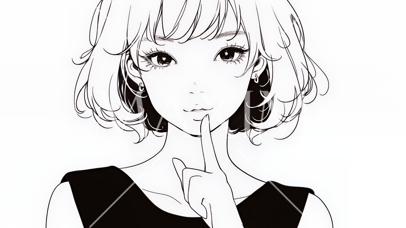 指を唇に当てて「シーShh」というジェスチャーをしている女性（シンプルな色使い）
