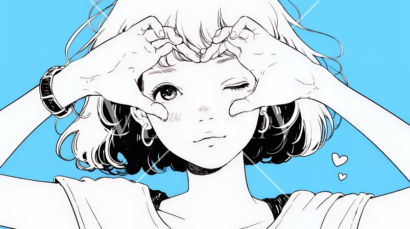 ハートマークを手で作り愛情表現をしている若い女性（シンプルな色使い）