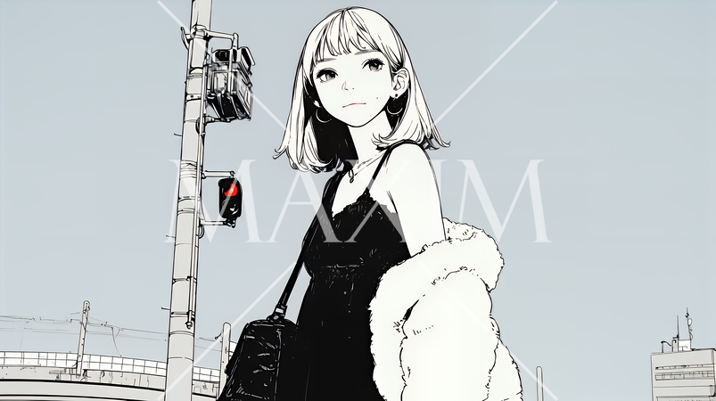 若い女性が佇む都市の街角（シンプルな色使い）