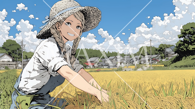 田んぼで農作業をしている女性