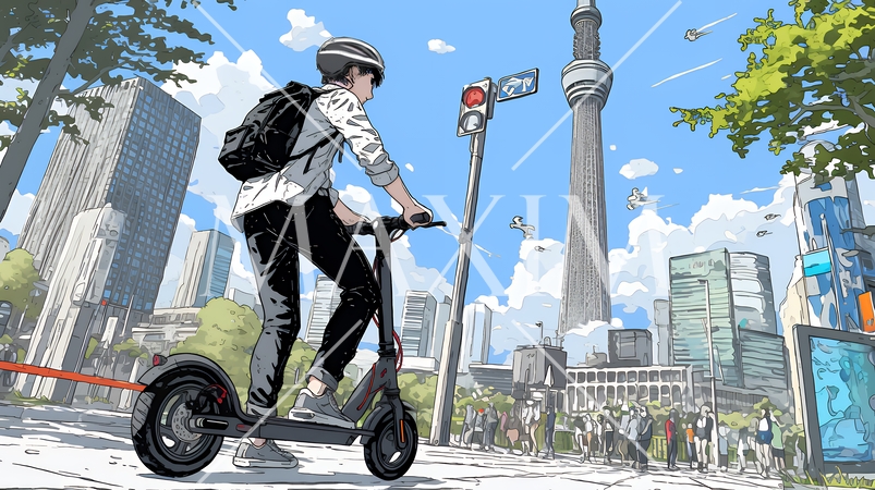 特定小型原付で都会を移動するビジネスパーソン