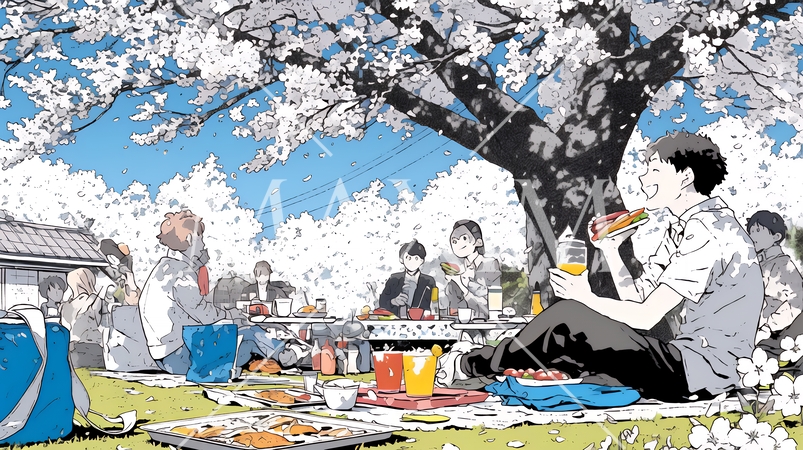 満開の桜の下で仲間たちと花見宴会