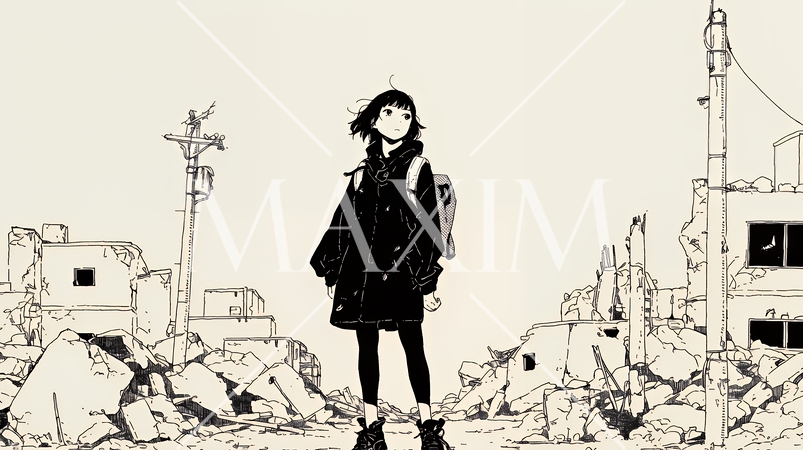 震災や空爆などで破壊された街で孤独に立ちすくむ若い女性（シンプルな色合い）