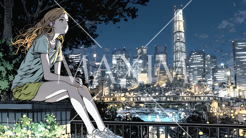 都市の夜景を眺めている女性