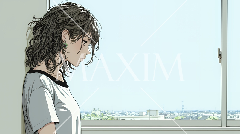 白い壁に向かって考え事をする若い女性