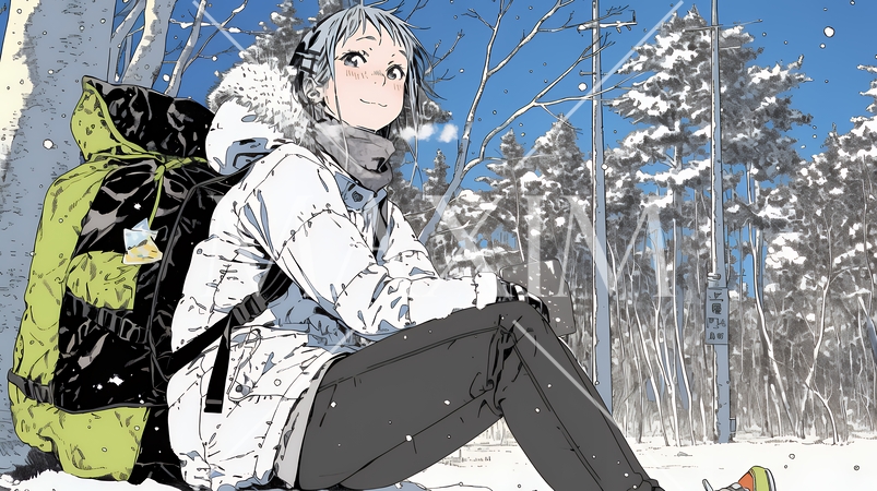 雪の積もる田舎道を歩いている若い女性