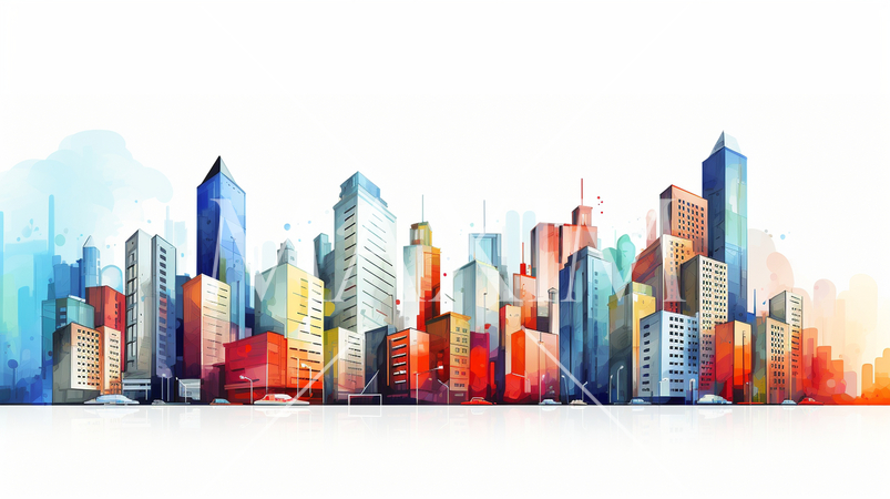 ビルが建ち並ぶ都市の外観イメージの水彩画