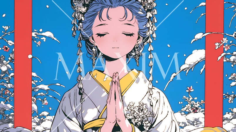 和服を着て初詣をしている若い女性