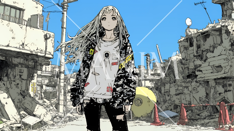 震災や空爆などで破壊された街で孤独に立ちすくむ若い女性