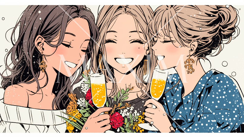 女子会：気の合う女友達が集まり、酒を交わし、おいしい食事をしながら、仕事の話や恋バナをしている