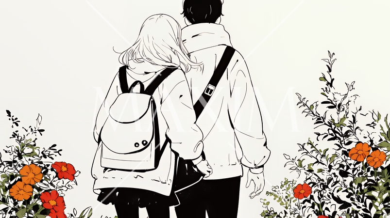 希望に満ちたライフスタイルを過ごす若いカップル：未来を見つめている（シンプルな色使い）