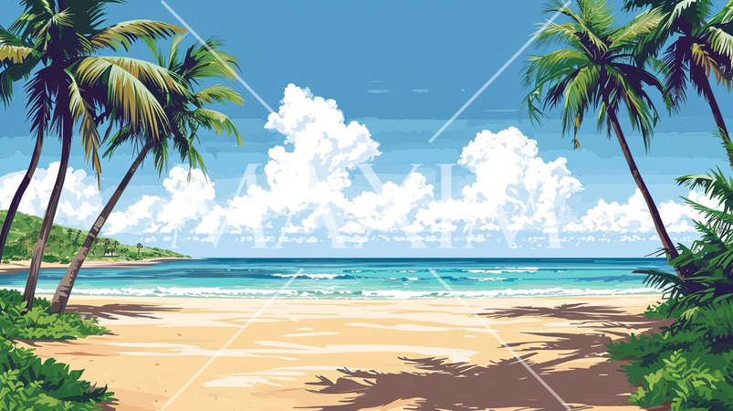 南国の島の浜辺と青い空のイラスト