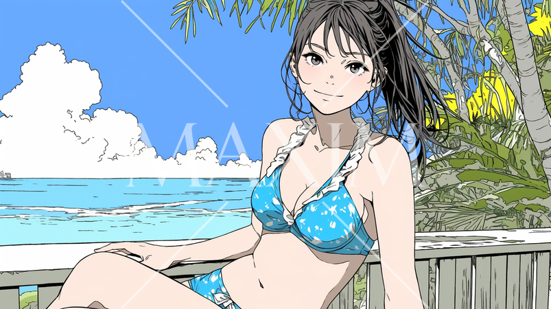 南国の海岸にビキニ姿でいる若い女性